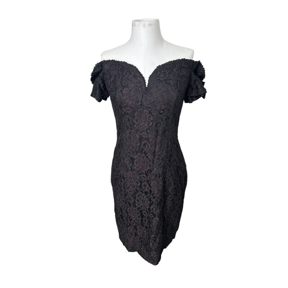 Vintage 80s LBD Lace Sheath Cocktail Party Dress Off the Shoulder Black 12 Glam